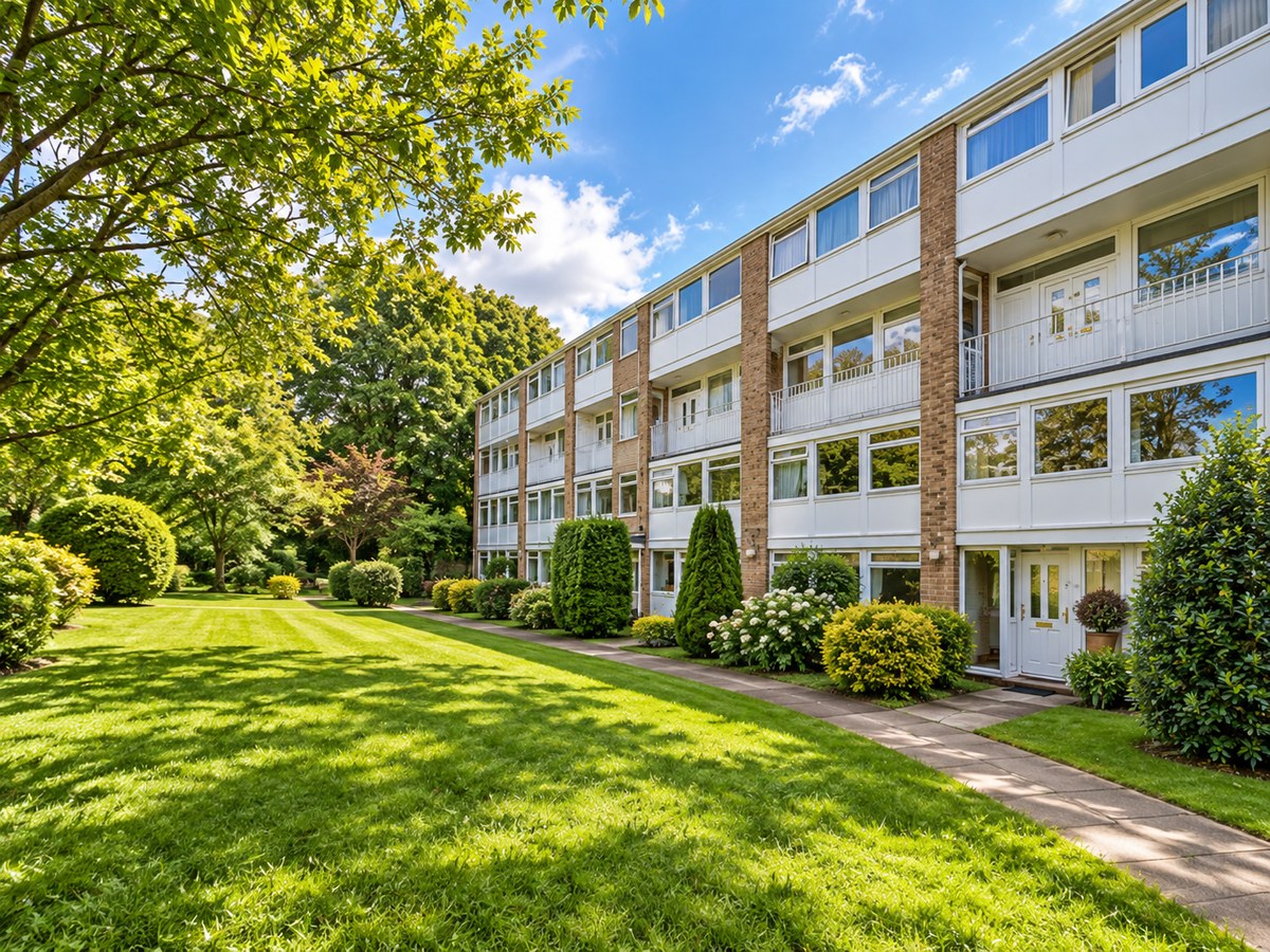 Example two-level home beside a landscaped communal green and low-rise residential block.