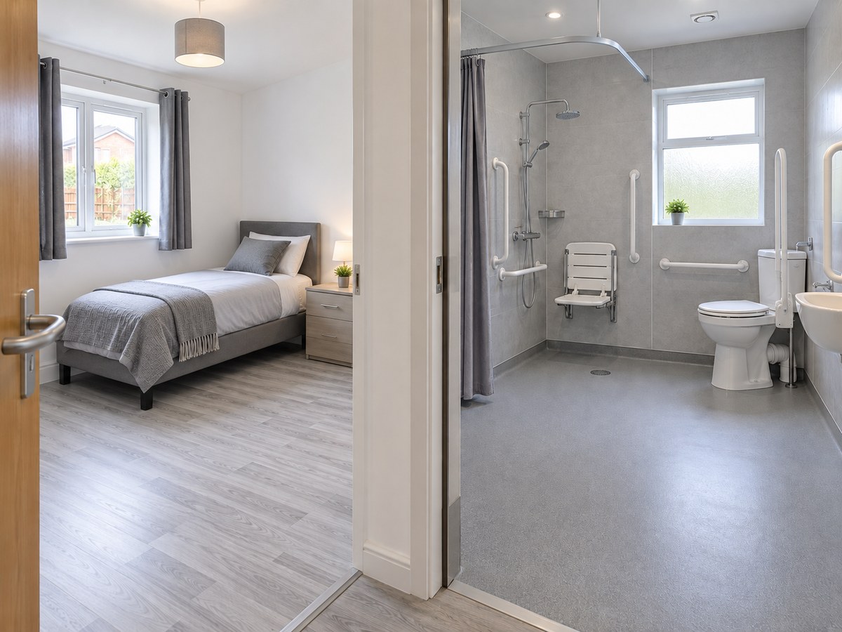 Concept view of a bedroom with an adjacent bathroom.