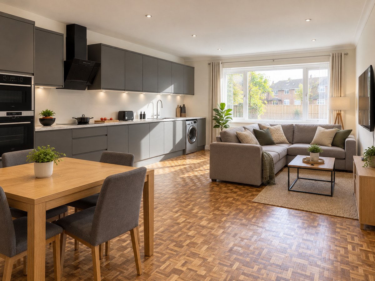 Concept view of an open-plan shared kitchen and living area.